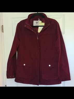 WENVEN Women’s Sz L Burgundy Mid-Length Full Zip Snap Front Jacket w/ Pockets